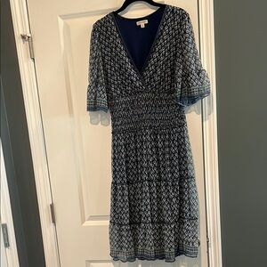 Max Studio Blue Wrap Midi Dress with Bell Sleeves